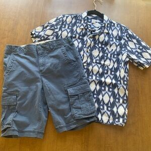 GAP Kids Boys Slate Blue Cargo Shorts and linen blend blue button down shirt.